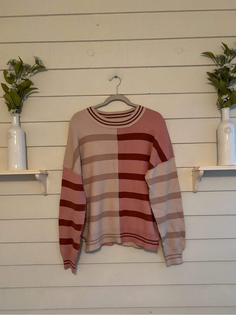 New In Mixed Striped Oversized Sweater Tan, Pink, Burgundy Size Small